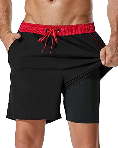 SILKWORLD Mens Swim Trunks with Compression Liner 2 in 1 Quick Dry Bathing Suit Beach Shorts with Zipper Pockets