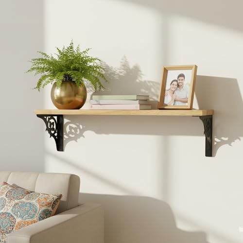 Image of Wall Shelf with Wooden Top Black|White Iron Brackets Storage Rack|Industrial Wall-Mounted Floating Shelf for Living Room,Kitchen,Bathroom (Black Single Floral Large)