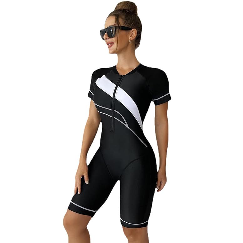 ZSHMAE Womens One Piece Swimsuit Long Sleeve Rash Guard UV Protection Printed Bathing Suits Surfing Swimwear Zip Front Wetsuit (UAE/KSA, Alpha, One Size, S, Regular, Regular, Standard, Black)
