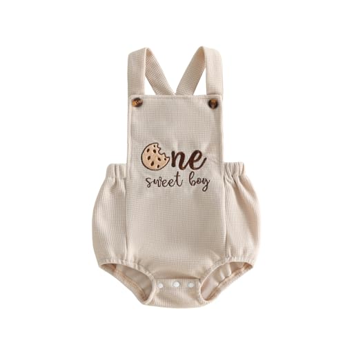 Bagilaanoe First Birthday Outfit Baby Boy Cookie One Sweet Boy Sleeveless Romper Jumpsuit Waffle Cake Smash Clothes (Khaki 12-18 Months)