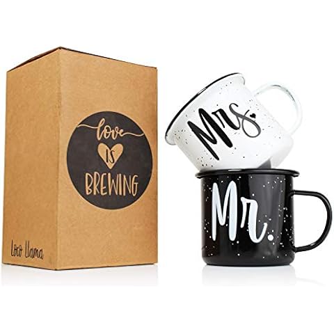 Mr and Mrs Coffee Mug Gift Set - Enamel Coated Stainless Steel Camping Mugs - Bride and Groom - Marriage Engagement Wedding Gift for Couples Cover