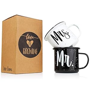 Mr and Mrs Coffee Mug Gift Set – Enamel Coated Stainless Steel Camping Mugs – Bride and Groom – Marriage Engagement Wedding Gift for Couples