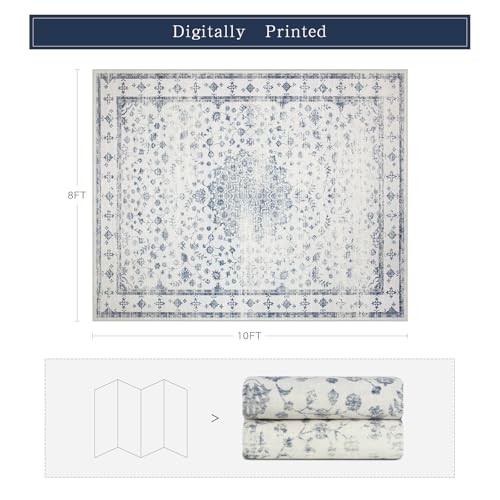 Washable Rugs 8x10 Area Rugs for Living Room,Rugs for Bedroom,Large Carpets,Ultra Soft Faux Wool Retro Dining Room Rug,Non Slip&Non-Shedding Low Pile Vintage Print Rug for Home Office-Blue