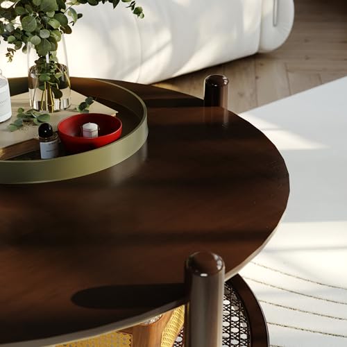 Image of NSdirect 32 inch Round Coffee Table for Living Room, 2-Tier Solid Wood Center Table for Home Decor with Boho Woven Rattan Storage Shelf | Modern Farmhouse Design, Easy Assembly, Black Brown
