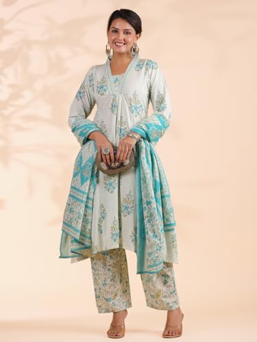 Image of Vbuyz Women Floral Print With Mirror Work Cotton Kurta Palazzo With Dupatta