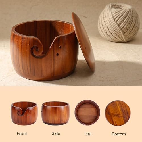 Caydo Yarn Bowl for Crocheting & Knitting, 7x5 in Wooden Yarn Bowl with Lid — view 5