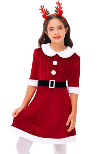 AOBUTE Girls Christmas Mrs. Santa Claus Red Velvet Dress with Belt 3-14 Years4