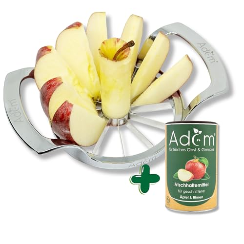 Profi Edelstahl Apfelteiler, Küchenwerkzeug für Obstzubereitung, 12-teiliges Schnittmuster, langlebig, vielseitig und einfach zu reinigen (Adam Apfelschneider + Adam Frischhaltelösung)