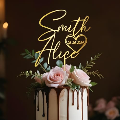 Party to Be Hochzeit Cake Topper Personalisiert Braut und Bräutigam Tortenstecker Custom Herz mit Namen und Daten Dekoration aus Acryl und Holz (Design 02)