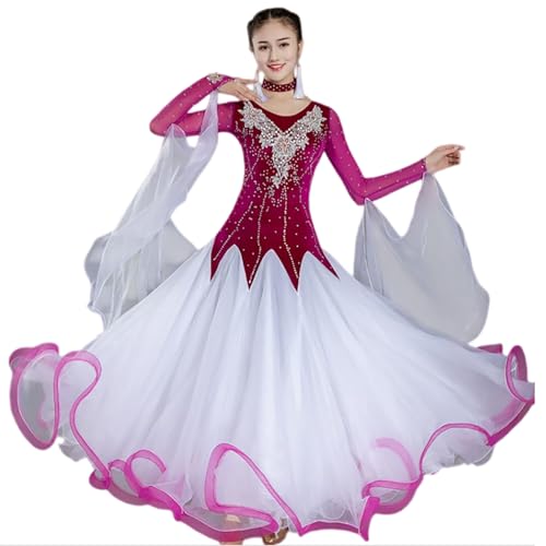 Yhsgscr Vestido De Competición Profesional De Baile De Salón Vestido De Manga Larga para Baile Estándar Nacional Traje De Baile Clásico De Vals Y Flamenco para Mujer Corte Ajustado,Burgundy,XL