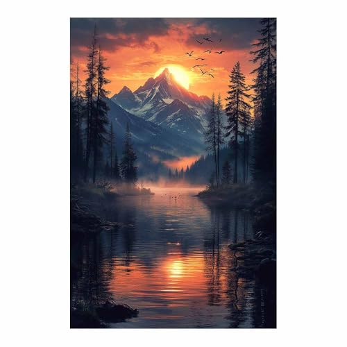Toile paysage lac et forêt orange pour créer un salon chaleureux