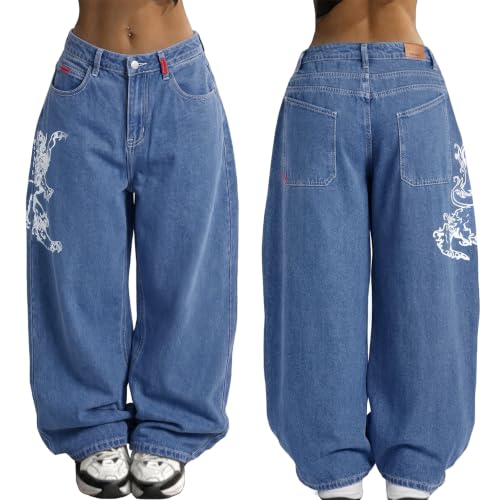 Image of EMMIOL Women Hip Hop 90s Vintage Baggy Jeans Denim Pants Mid Waist Jeans