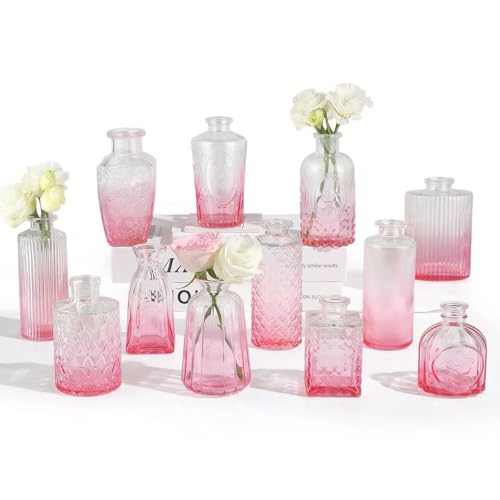 RUCKAE 12 Pack Glass Bud Vases Mini Flower Vase Small Vintage Vases for Centerpiece Table Wedding Decorations Home Decor Party(Gradient Pink)