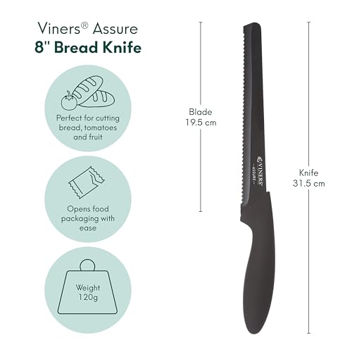 Viners Assure 8” Bread Knife Serrated Stainless Steel Blade with Squared Tip for Safety, Soft Grip Handle, Non-Stick Coating, Rust-Resistant, Ideal for Cutting Bread, Tomatoes & Fruit - Image 5
