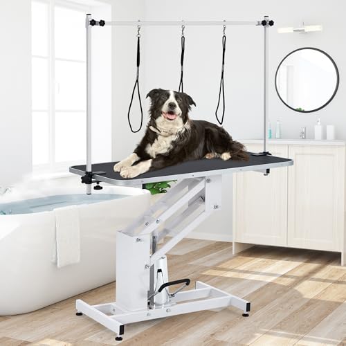CuisinSmart Hydraulic Dog Grooming Table 43.3'' Large Pet Grooming Table for Dogs, Max Load 350Lbs, 22"-39" Adjustable Height, Non-Slip PVC Top Salon-