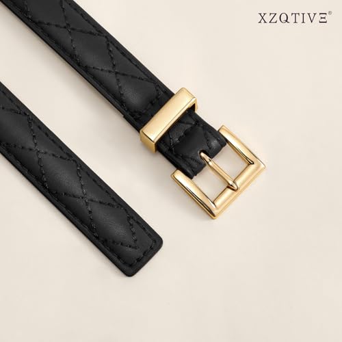 XZQTIVE 0.7" Width Skinny Leather Belt, Embroidered Thin Wasit Belt with Gold Buckle for Jeans Pants Dresses3