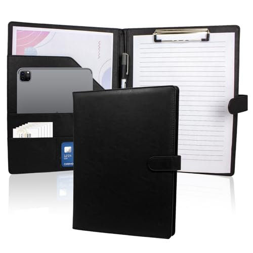 A4 Faux Leather Clipboard Folder - Stylish Conference Organizer with Storage for Legal Pads Professional Portfolio for Business Meetings and Presentations (Black) (Black)