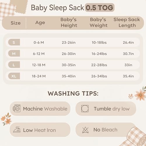Image of Unnivoll Baby Sleep Sack 18-24 Months 0.5 Tog Baby Wearable Blanket 100% Cotton Sleeping Sack with 2-Way Zipper for Toddler Infant White Brown Flowers