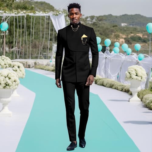 Men's 2 Pieces Suit Elegant Solid Gold Chain Slim Fit Party Blazer Pants Set African Clothes2