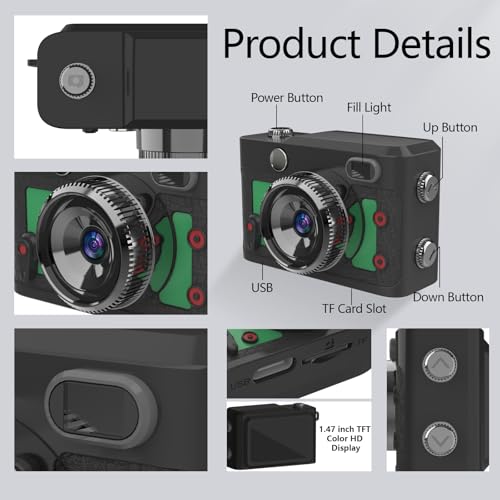 Image of Mini Keychain Camera 64GB, 1080P Mini Retro Photo Video Camera, 120 Minute Battery Life Portable Tiny Digital Cam, Micro Video Camcorder for Travel Students Children, Green
