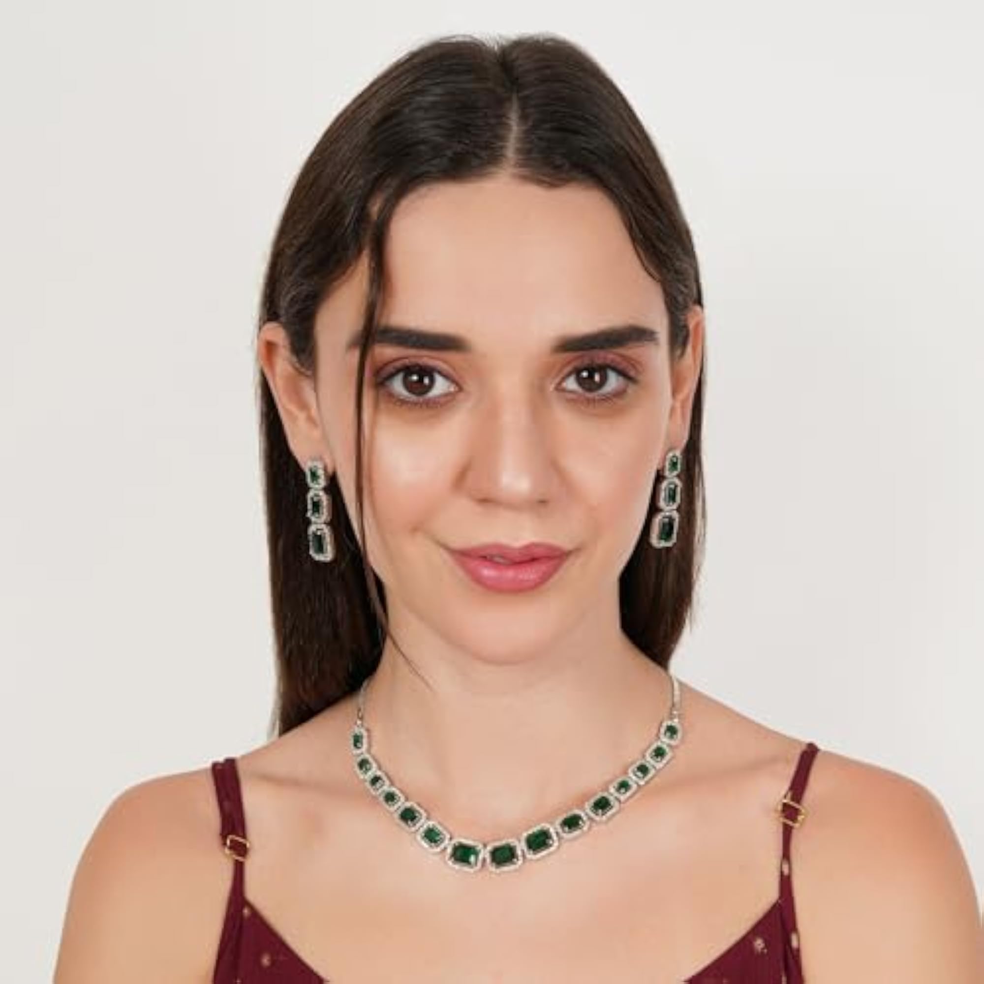 Green American Diamond Necklace Set with Earrings, Stylish Gift