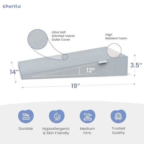 Image of Cherilo Standard Elevated Wedge Pillow for Baby Crib & Mattress, Elevate Baby to Prevent Acid Reflux, Colic, GERD, Heat Burn & Vomiting | 14 inch x 19 inch x 3.5 inch | - with Removable Velvet Cover - Grey