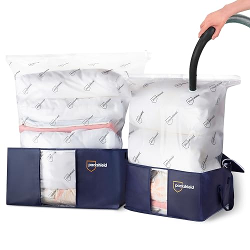 Kit de rangement compact PackShield - 2 Housses et 2 Sacs Sous Vide - Compression avec aspirateur - Grande capacité XXL - Protégez et Transportez Facilement...