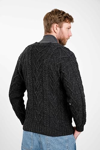 SAOL 100% Merino Wool Men's Aran Cable Knit V Neck Casual Irish Cardigan with Buttons and Pockets2