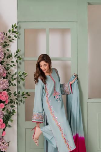 Image of Women's French Crepe Embroidered Mirror Work Kurta Pant Set with Chinon Double Dyeing Dupatta | Straight Ethnic Suit Set | Festive, Party
