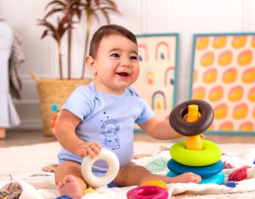 Image of B. toys Skipping Stones, Textured Baby Ring Stacker | 7-piece baby sort-and-stack toy with 5 textured rings, base, and topper for sensory play and early development, 6+ Months