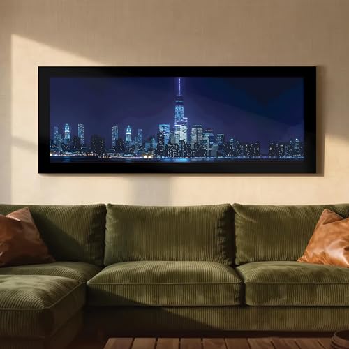 Image of PAINTINGMANTRA New York City Night Skyline View Wall Art Framed Luxury Paintings for Home Decoration, Living room, Bedroom and Office Decoration (99x38 CM)