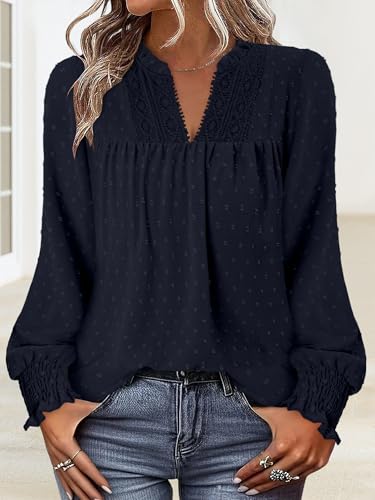 BETTE BOUTIK Women Boho Long Sleeve Shirts Dressy Casual V Neck Fall Fashion Tops Swiss Dot Flowy Blouses