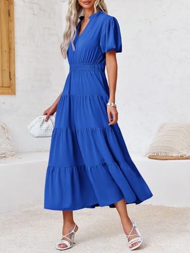 Image of Wenrine Womens Summer Midi Dress A-Line Puff Short Sleeve V Neck Dresses