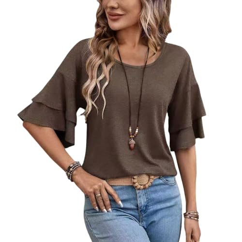 Womens Crew Neck Sleeve Tops Double Ruffle Short T-Shirt Dressy Casual Blouses Spring Summer Fall Loose Fit Tunic Tee Half Bell Trendy Shirts Business Vacation Fashion Clothes Coffee Brown L