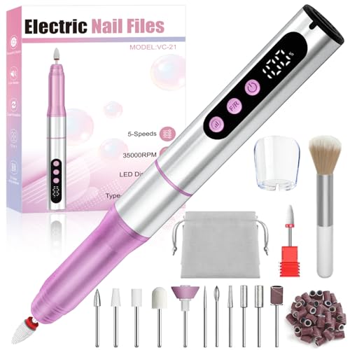 Oukzon Cordless Electric Nail Drill - 13 in 1 Nail File Kit 35000RPM, Professional Nail Drill Machine with LED Display, Dust Cover & 5 Speeds, Rechargeable Manicure Pedicure for Acrylic & Gel Removal
