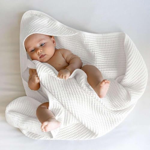 Image of Bright Decor Hooded Baby Blanket for Newborn|100% Cotton Muslin Waffle Weave|Gentle on Baby Skin,Breathable & Quick Dry|Multipurpose Swaddle, Bath Towel &Receiving Blanket | 36 x 42 Inch |White
