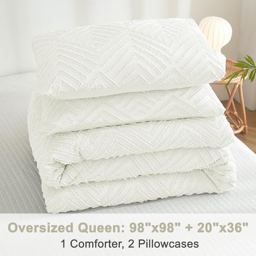 Image of Litanika Oversized Queen Comforter Ivory, 3 Pieces Tufted Boho Farmhouse Bedding Comforter Set, Lightweight Fluffy All Season Comforter Set (98x98In Comforter & 2 Pillowcases)