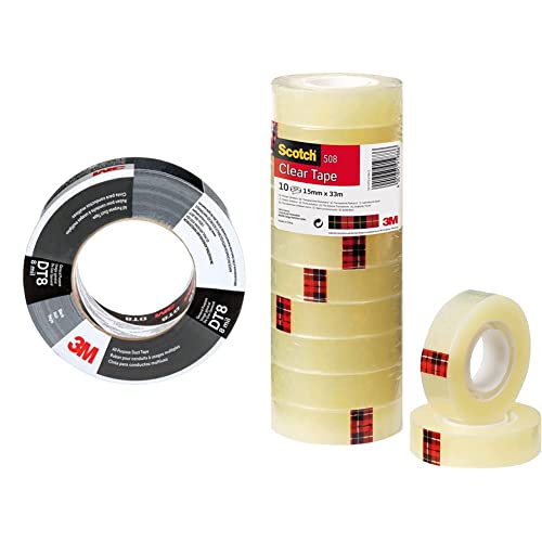 3M Nastro adesivo telato universale DT8, Nero, 48 mm x 23 m, 0.2 mm, confezionati singolarmente & Scotch Nastro Adesivo, Trasparente Acrilico, 15 mm x 33 m, Confezione Torretta da 10 Pezzi