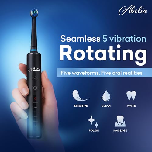 Image of Abelia Rotating Electric Toothbrush for Adults | Rechargeable Oscillating Brush | 8 Round Heads, 5 Modes, 3 Intensity Levels, 2 Min Timer | Waterproof | 2-Year Warranty | Black