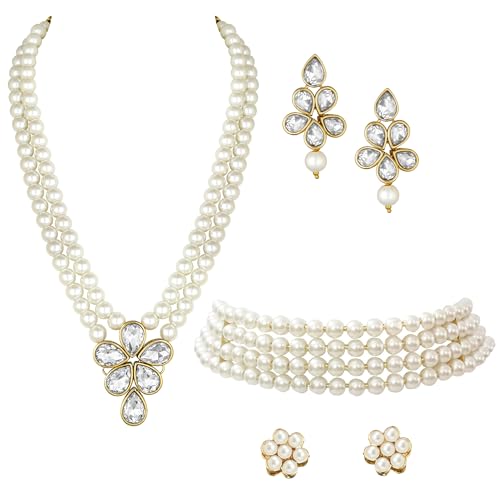 Image of Peora Crystal Faux Pearl Kundan Necklace & Jewellery Set Gift for Women