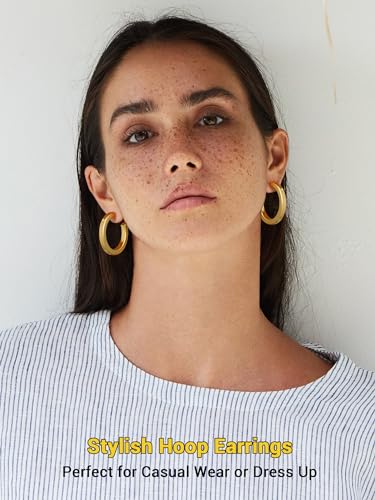 Image of Stainless Steel Chunky Hoop Earrings For Women, Minimalist and Chic, Black /Gold Plated, Round Hoops Earrings Hypoallergenic, Size: 30mm /40mm /60mm /80mm, Come with Box
