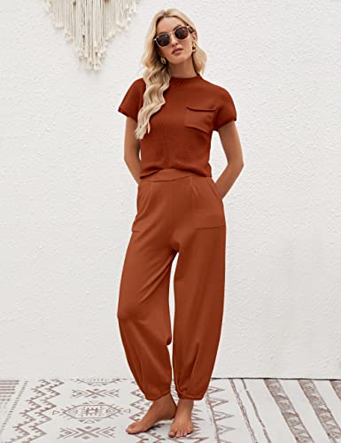 Merokeety Women Two Piece Outfits Sweater Sets Knit Pullover Tops High Waist Pants Lounge Set Tracksuit, Caramel, M #TOP7