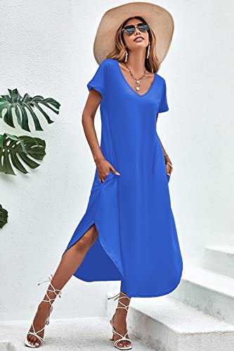 Image of Ekouaer Long Nightgowns for Women Short Sleeve House Dress with Pockets V Neck Sleepshirts Side Split Sleepwear S-4XL