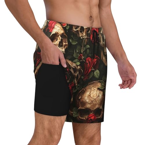 Skull and Red Rose Mens Double Polyester Swimsuit Trunks Swim Shorts with Compression Liner and Patch Pocket.3