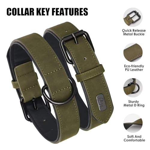 Image of Didog Soft PU Leather Dog Collar, Breathable Padded, Dark Green Neck 18-22 inch