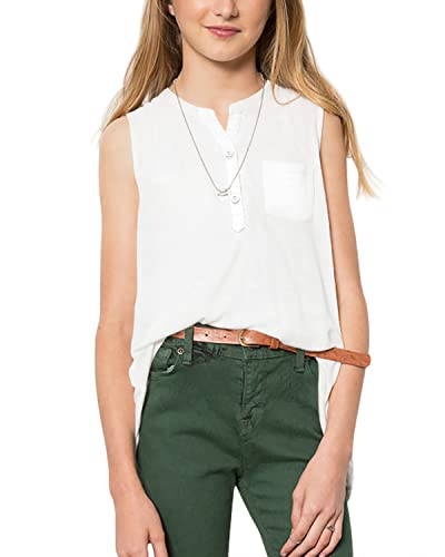Batermoon Girls Tank Top Summer Cute Sleeveless T Shirt For Teen Henley Ribbed Button Casual Tee Blouse For 11-12 Years White #TOP1