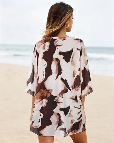 Image of Women's Floral Print Puff Sleeve Kimono Cardigan Loose Cover Up Casual Blouse Tops 2026