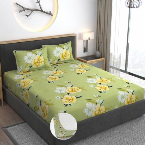 Image of Vaini Premium Heavy Cotton Elastic Fitted Bedsheets with 2 King Size Pillow Covers || Double Bed with All Around Elastic 350 (Light Green Flower, 72x72 Inch King Fitted)