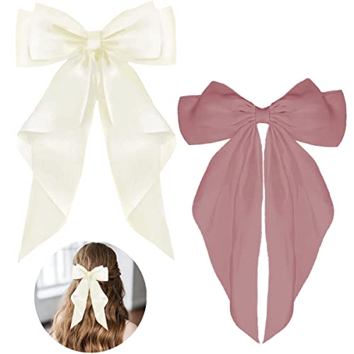 ZEVONDA Horquillas para el Pelo - Lazos Grandes para el Cabello con Satén largo y Sedoso Pinzas para el Cabello Accesorios para el Cabello para Mujeres Niñas, Blanco lechoso + Rosa (2PCS)