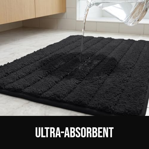 Image of GORILLA GRIP Memory Foam Bathroom Rugs, Soft Absorbent Textured Rubber Backing Striped Bath Mat, Set of 2 Machine Washable Quick Dry Floor Mats, Shower Rugs Home Accessories, Black 24x16 and 30x18